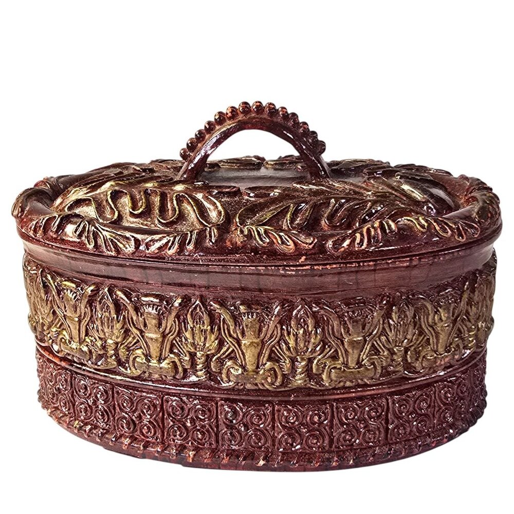 Vintage Ornate Resin Trinket Box w Lid Burgundy Baroque Style Oval Jewelry Box